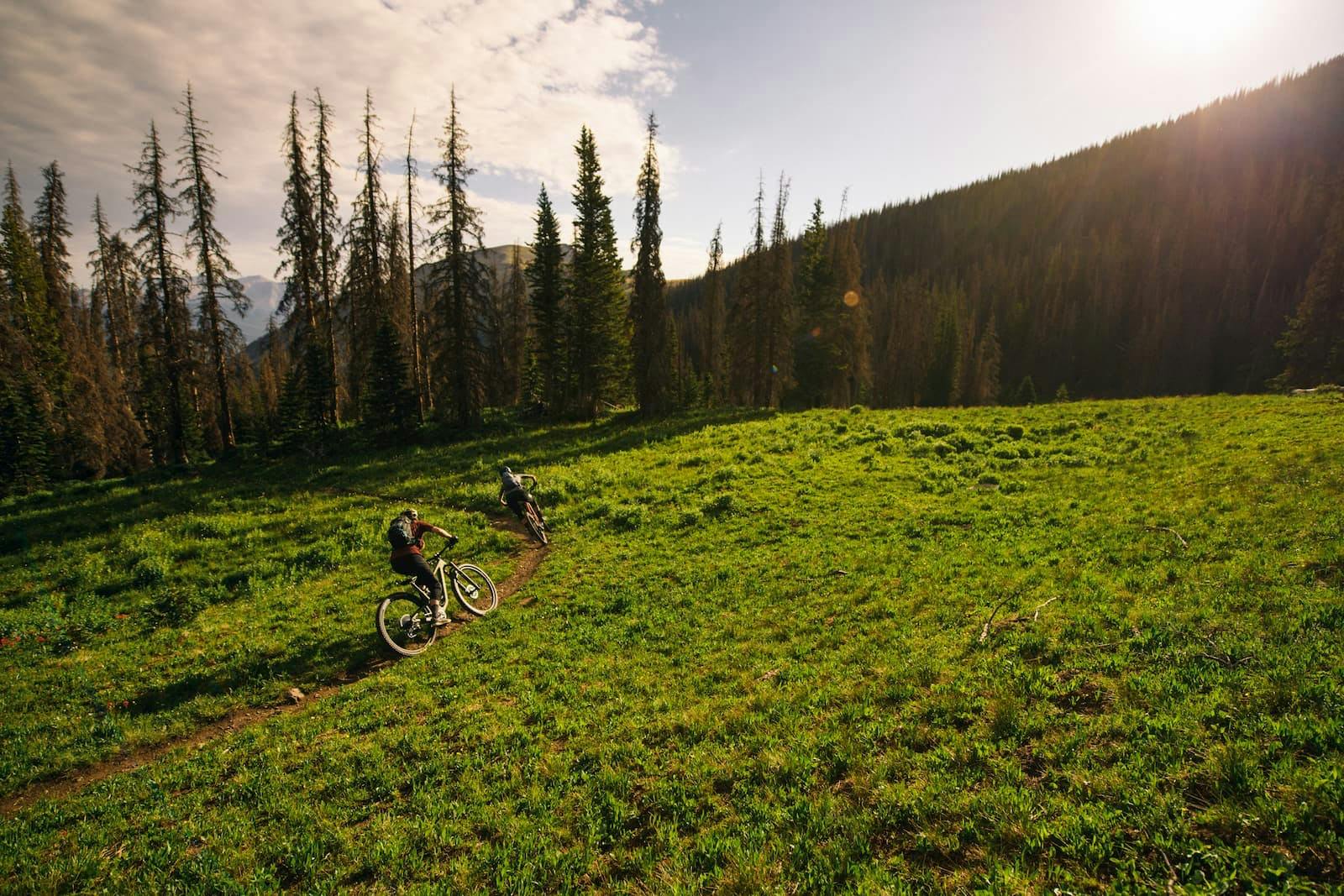 2 Juliana Mountain bikers riding on a singletrack trail