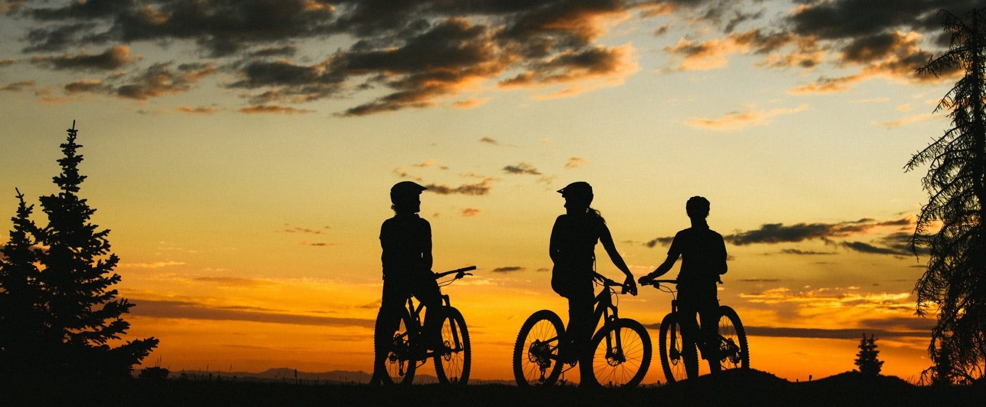 3 mountain bikers sitting on their bikes in the sunset