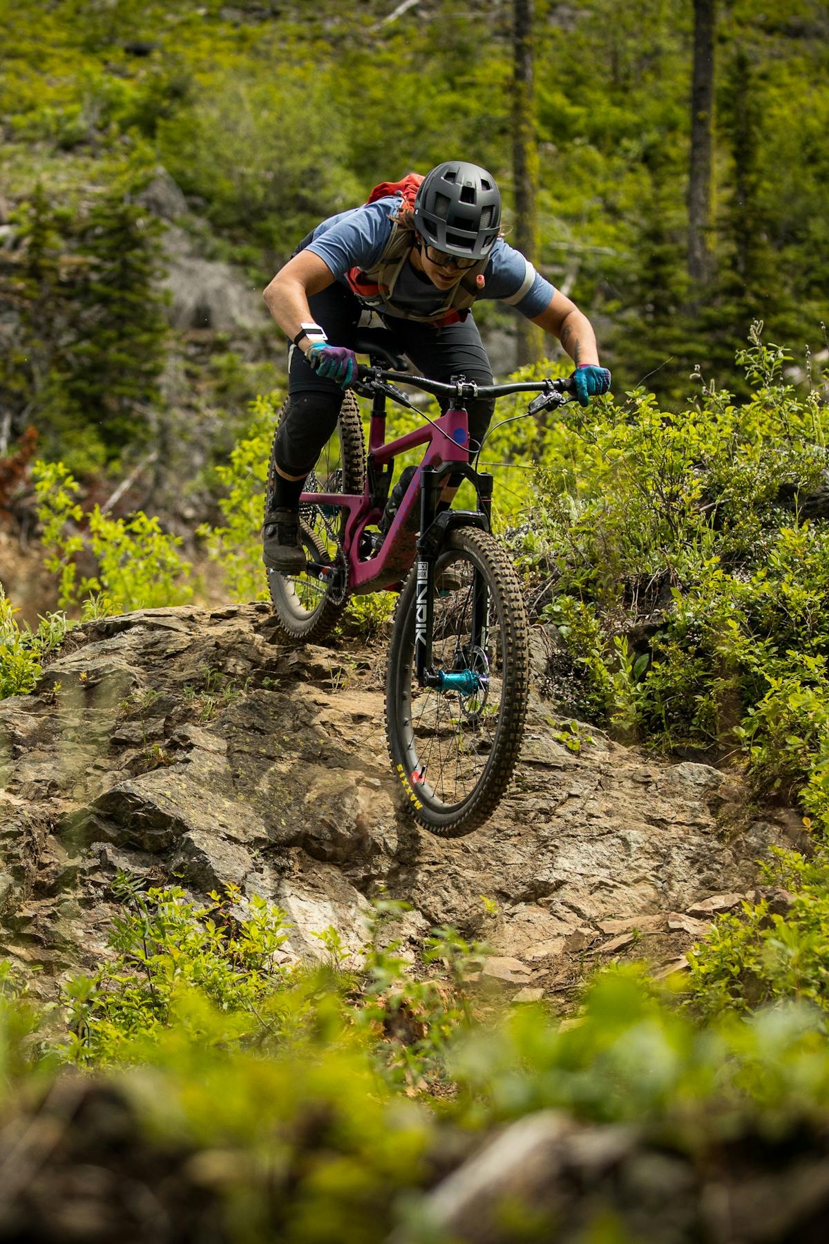 Juliana Bicycles Athlete Alex Pavon riding her Juliana Roubion down a rock face